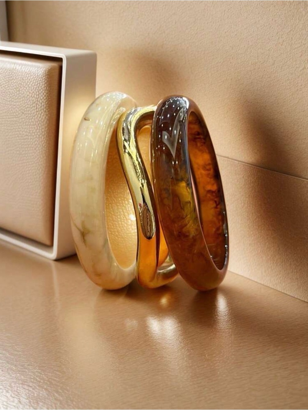 Gold, Cream & Brown Resin Stackable Bangle Set - Women Jewelry